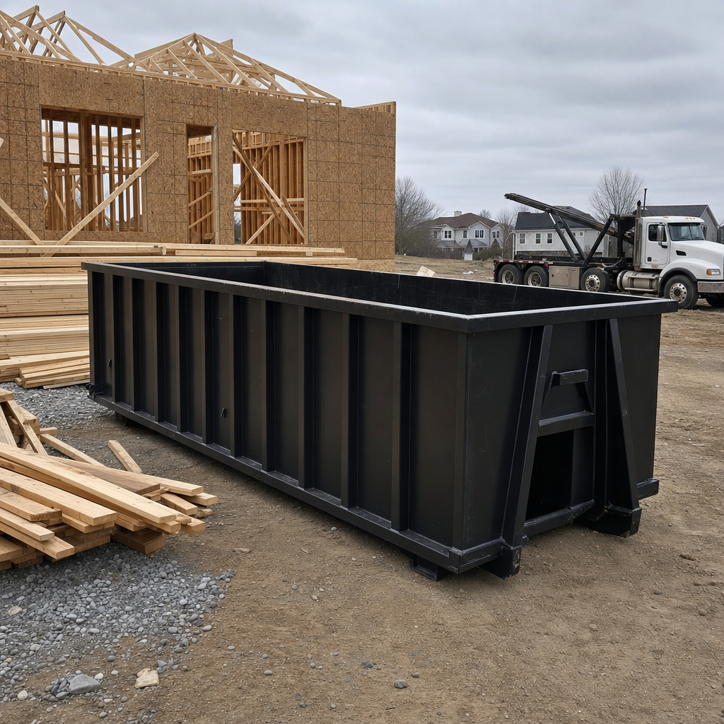 Matte-black 40-yard roll-off dumpster staged on a framed-out residential construction site in Grand Rapids, framing lumber stacked nearby, hooklift delivery truck visible in the background under bright Colorado daylight