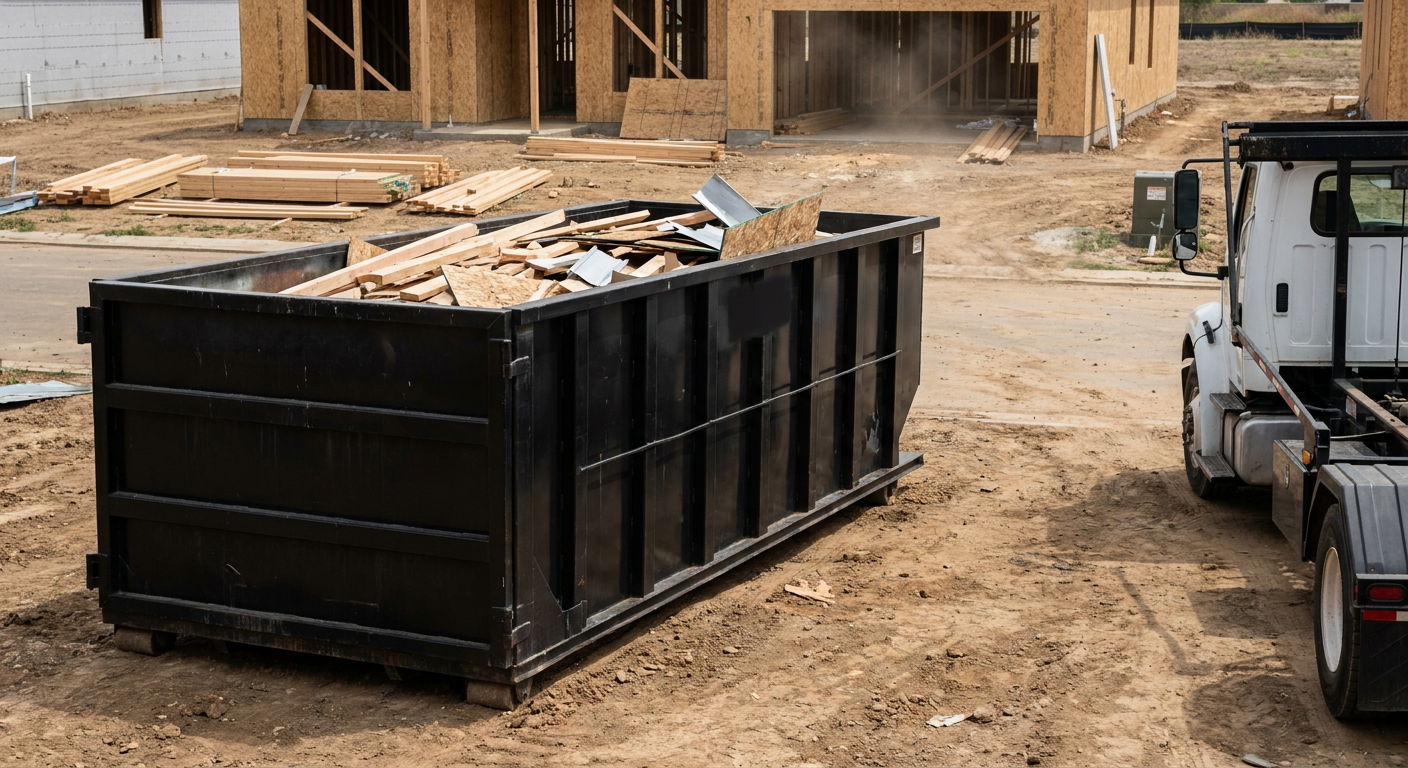 Matte-black 20-yard roll-off construction dumpster with heavy ribbed steel sidewalls and swing rear doors at a working jobsite in Grand Rapids, sitting directly on compacted dirt with an unmarked white hauler partially visible at the far edge of the frame.