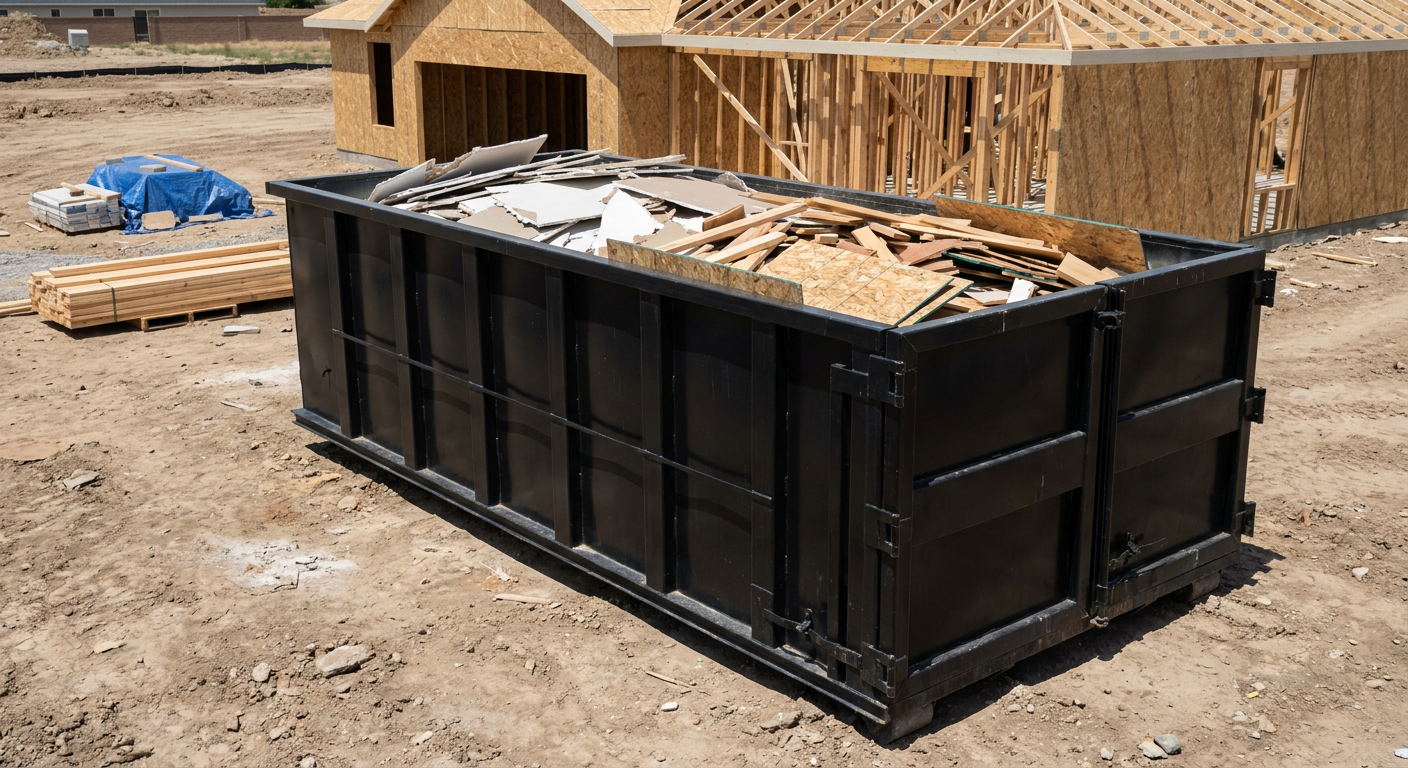 Matte-black 30-yard roll-off construction dumpster sitting directly on the compacted-dirt site of a framed single-family home build in Grand Rapids, drywall and lumber scrap loaded inside.