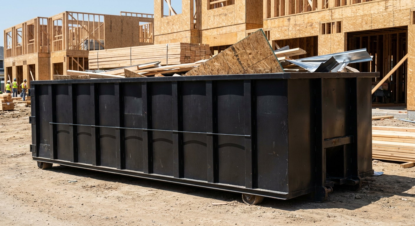 Matte-black 40-yard roll-off construction dumpster being lowered from a white-cab hooklift delivery truck onto the compacted-dirt jobsite at a commercial build site in Grand Rapids