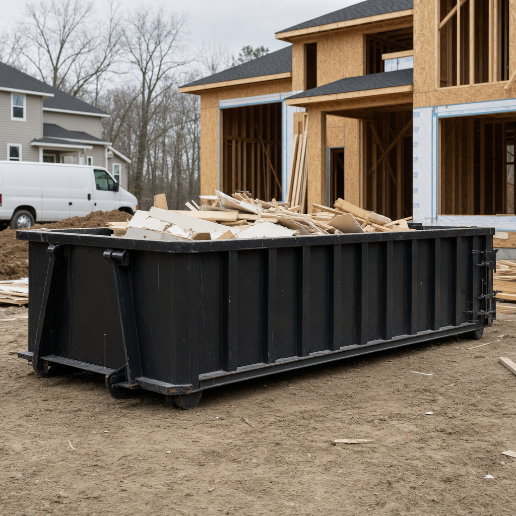 Worker in a yellow high-visibility vest tossing framing lumber and broken drywall into a matte-black 30-yard construction roll-off dumpster on an active build site in Grand Rapids, bright daylight