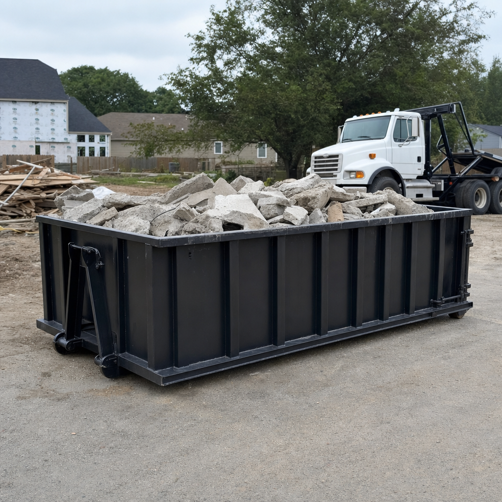 Low-profile matte-black lowboy roll-off dumpster loaded with broken concrete slab and rebar at a foundation tear-out in Grand Rapids, skid steer parked beside it, sunny Colorado morning