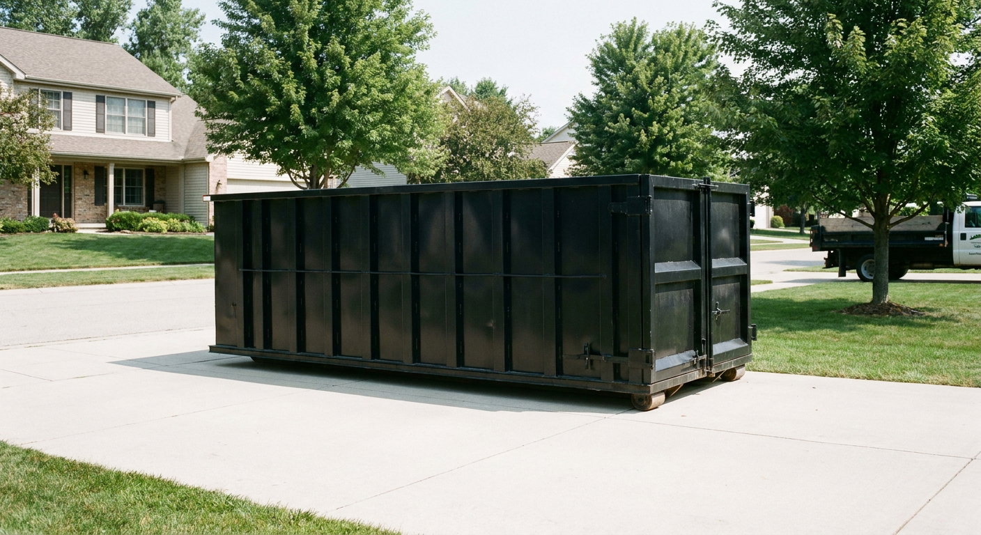 Matte-black 20-yard roll-off dumpster sitting level on a clean Grand Rapids residential concrete driveway under bright daylight, demonstrating clean placement directly on the concrete.