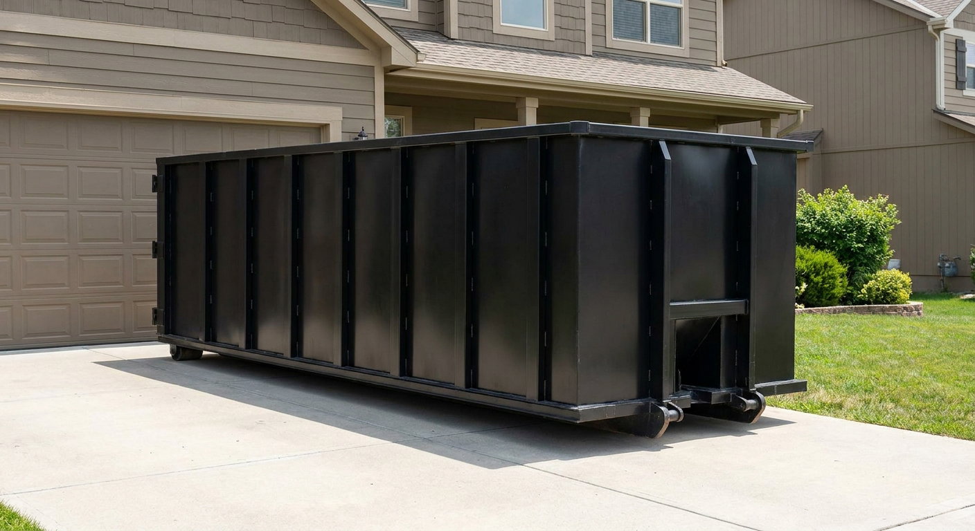 Matte-black residential roll-off dumpster sitting directly on a suburban Grand Rapids concrete driveway, garage door closed, single-family home in background, bright morning daylight.