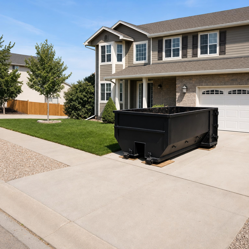 10-yard matte-black residential dumpster placed directly on a narrow Grand Rapids concrete driveway, room remains for a parked sedan beside it, mid-morning natural light