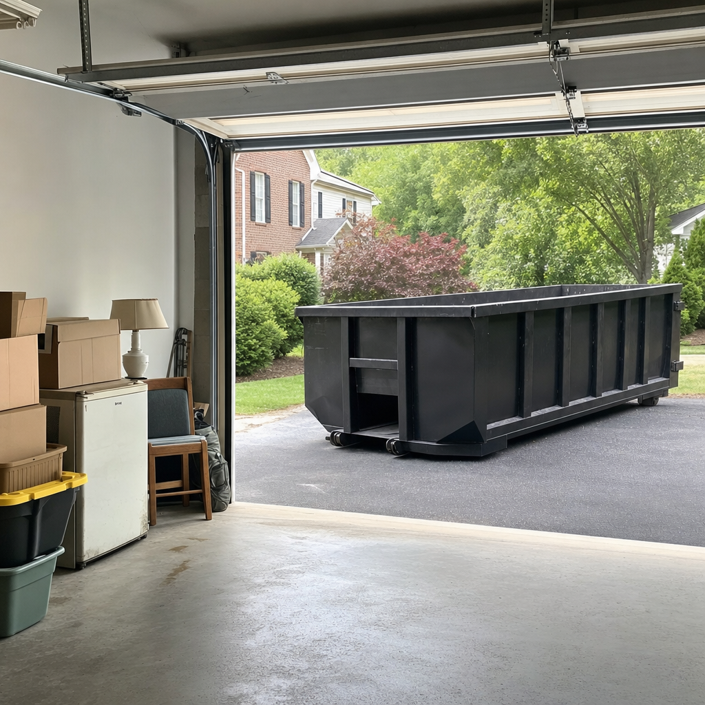 Open garage interior in a Grand Rapids home mid-cleanout — boxed items, an old appliance, and stacked yard tools queued near the driveway for a matte-black roll-off dumpster, organized and calm