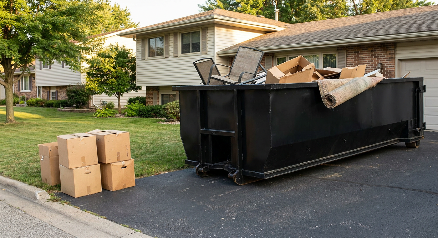 Front-yard view of a Grand Rapids split-level home with a 20-yard matte-black roll-off dumpster sitting directly on the asphalt driveway, a few clearly labeled donation boxes staged at the curb, calm sunny afternoon.
