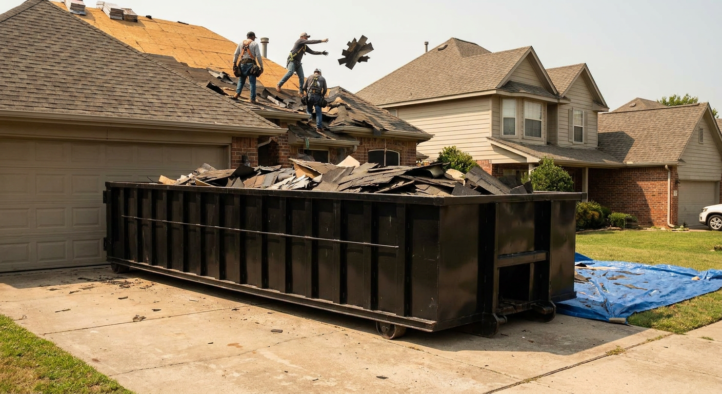 Matte-black roofing roll-off dumpster placed directly on a Grand Rapids residential concrete driveway, a tear-off crew on a two-story asphalt-shingle roof tossing shingle bundles into the low-walled container, bright daylight, documentary 35mm perspective.