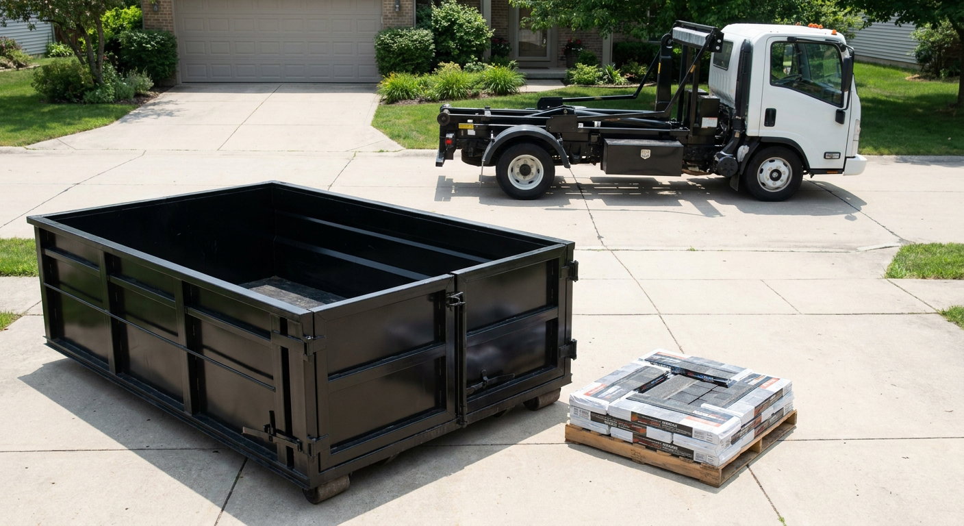 Matte-black 15-yard roofing roll-off dumpster with reinforced low side walls sitting directly on a Grand Rapids residential concrete driveway, three-tab asphalt shingle bundles stacked nearby, an unmarked white hauler truck partially visible at the edge of the frame.