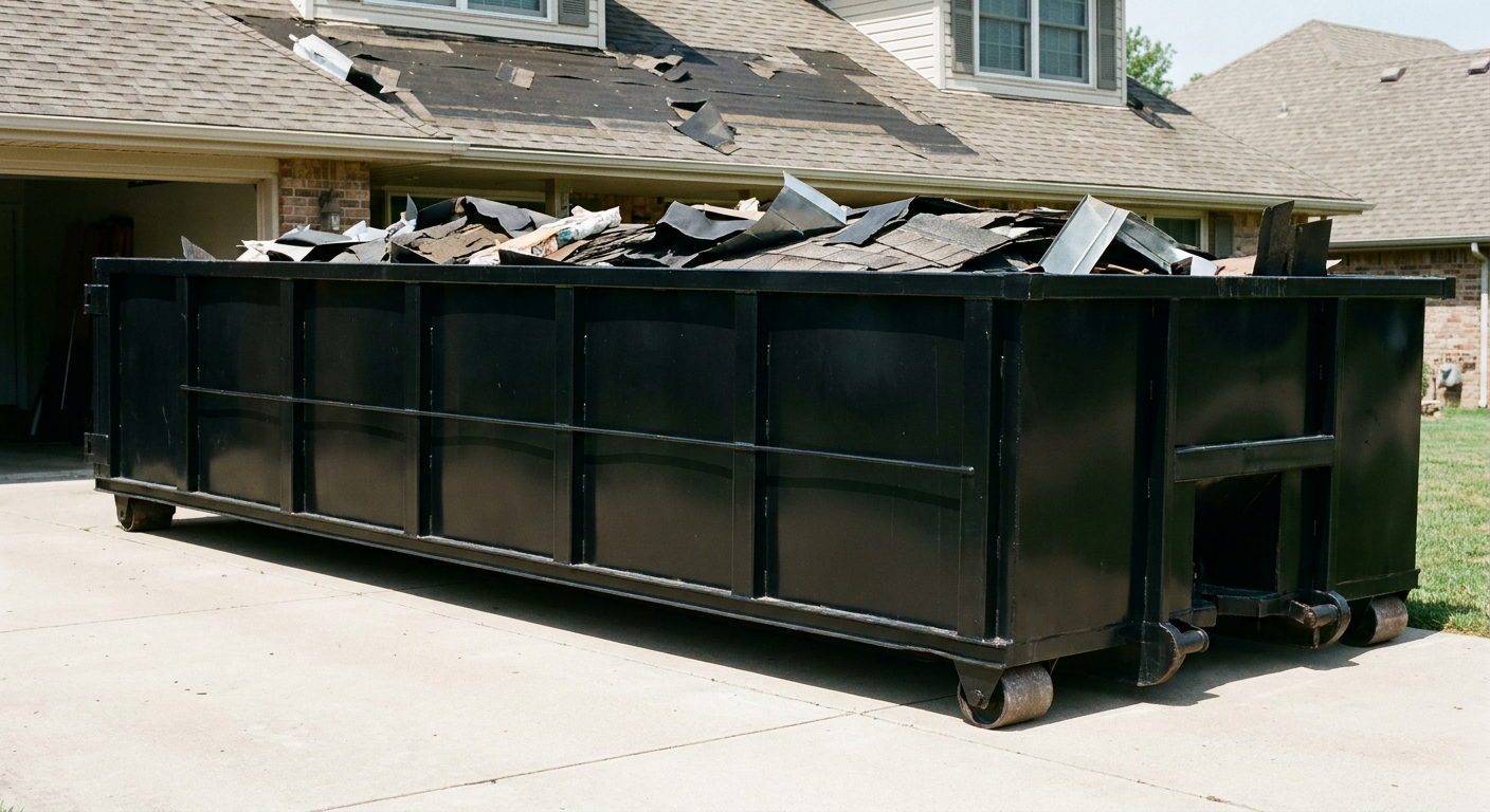 Matte-black 20-yard roofing roll-off dumpster with steel ribbed sides and swinging rear door, sitting directly on the concrete driveway of a two-story Grand Rapids home, asphalt shingle debris being loaded over the low wall, clean documentary lighting.