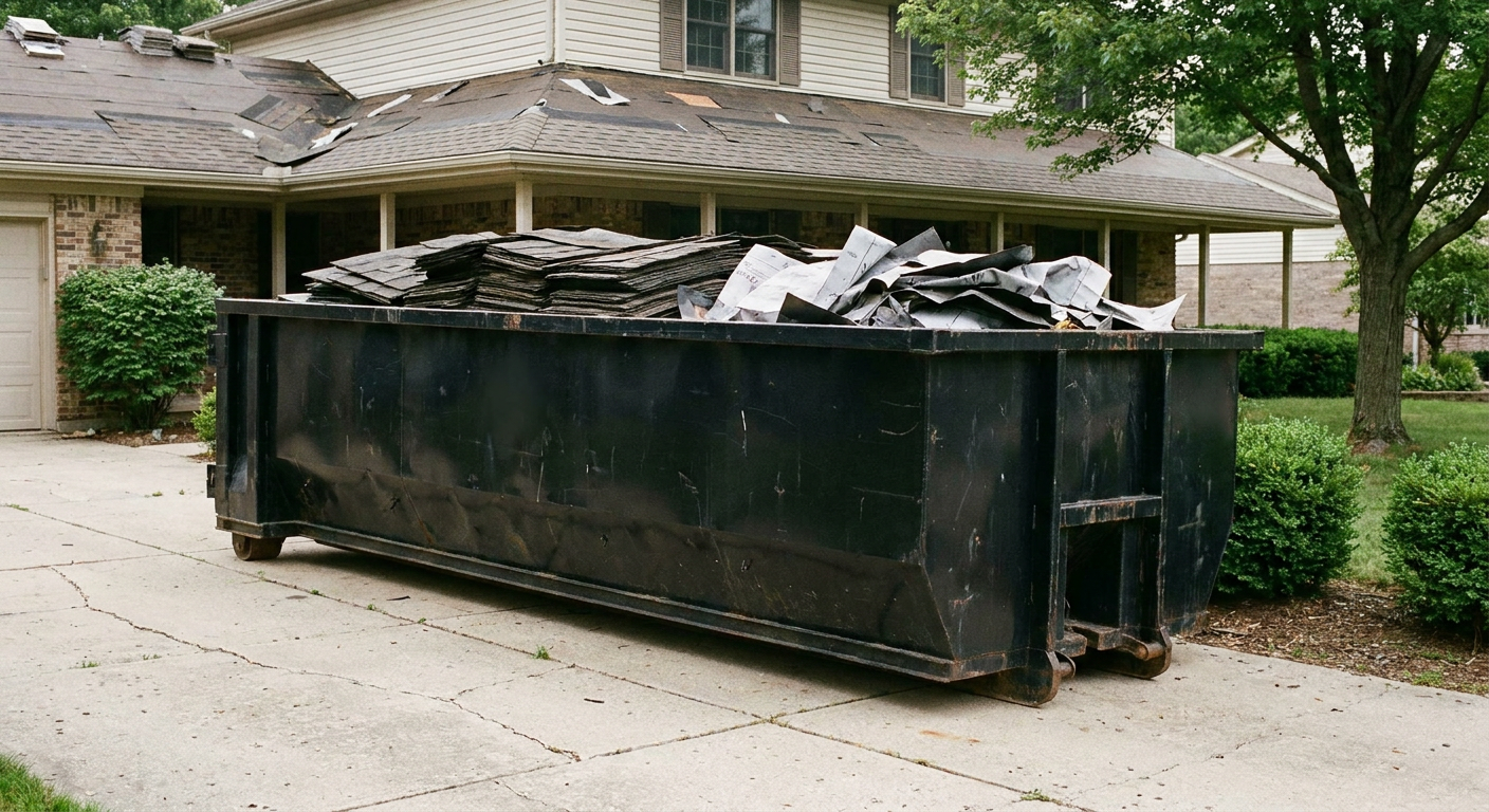 Matte-black 30-yard roofing roll-off dumpster sitting directly on a Grand Rapids concrete driveway, taller ribbed steel side panels, mixed tear-off debris of asphalt shingles and underlayment inside, professional documentary daylight.