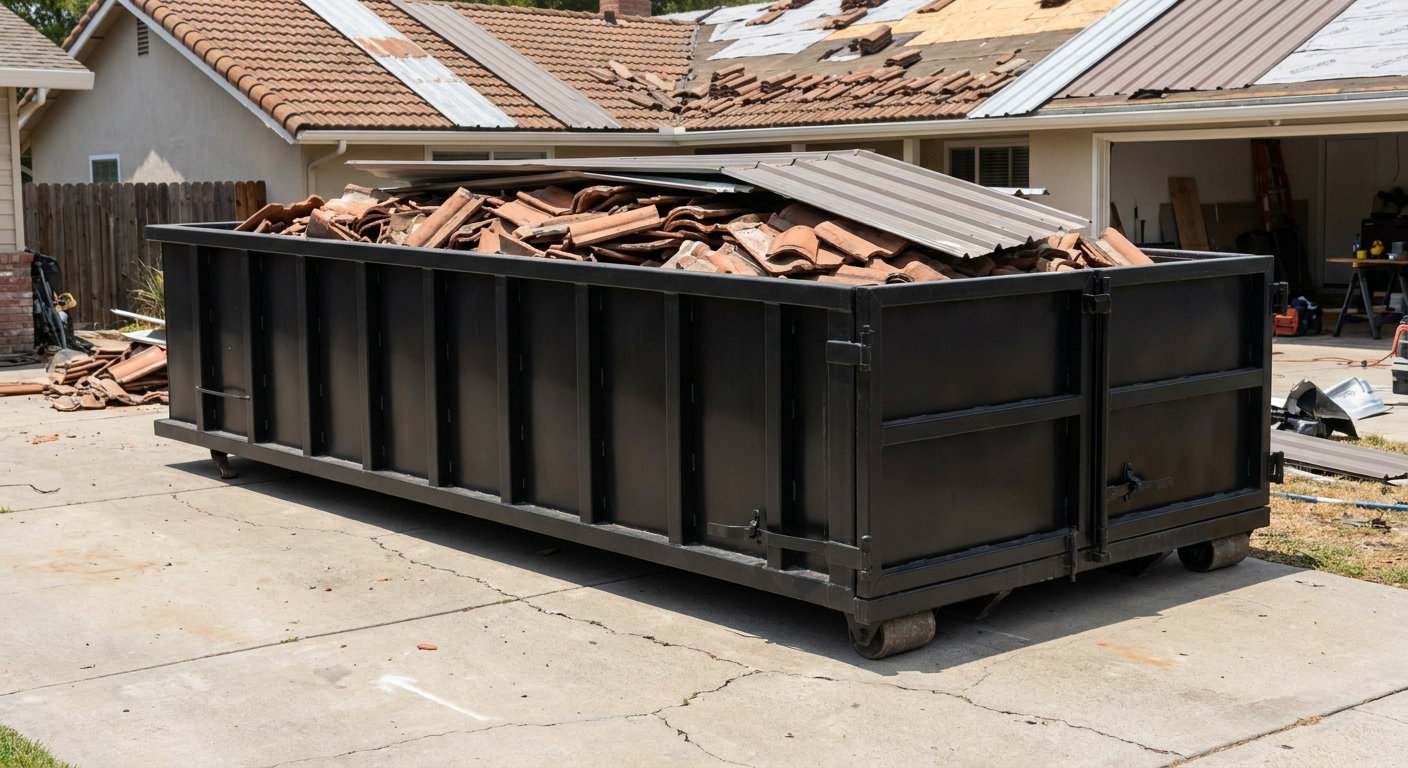 Matte-black low-wall heavy-debris roofing roll-off dumpster sitting directly on a Grand Rapids concrete driveway, broken concrete clay roof tiles and metal panel sections loaded inside, reinforced ribbed steel side walls visible, bright outdoor daylight.