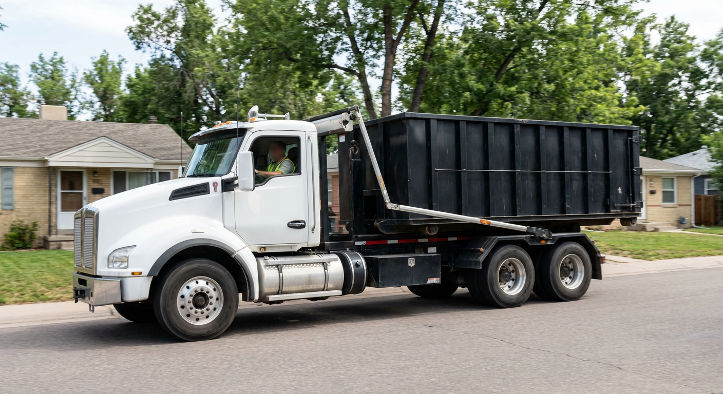 A wide documentary shot of a matte-black roll-off delivery truck pulling onto a quiet Grand Rapids residential street at mid-morning, with neighborhood rooftops and tree-lined blocks visible behind, showing the metro coverage footprint.