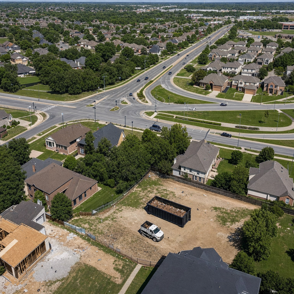 An overhead documentary view of the Grand Rapids metro area at midday, showing the spread of neighborhoods, arterial roads, and the dispatch radius from a central yard — clean daylight, organized geographic layout.