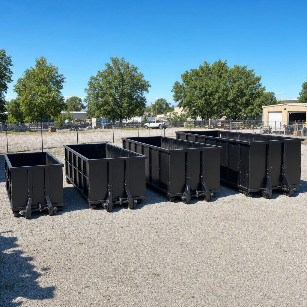 A clean lineup of matte-black roll-off dumpsters in 10, 20, 30, and 40-yard sizes staged on a sunlit gravel yard in Grand Rapids, showing the size progression from compact to commercial-scale containers.