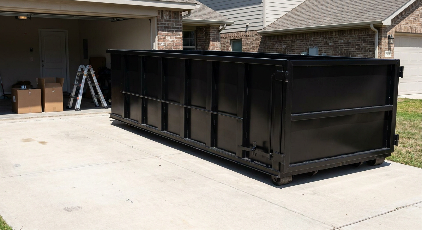 A matte-black 10-yard roll-off dumpster sitting directly on a residential Grand Rapids concrete driveway, mid-day sunlight, clean and ready for a garage cleanout.