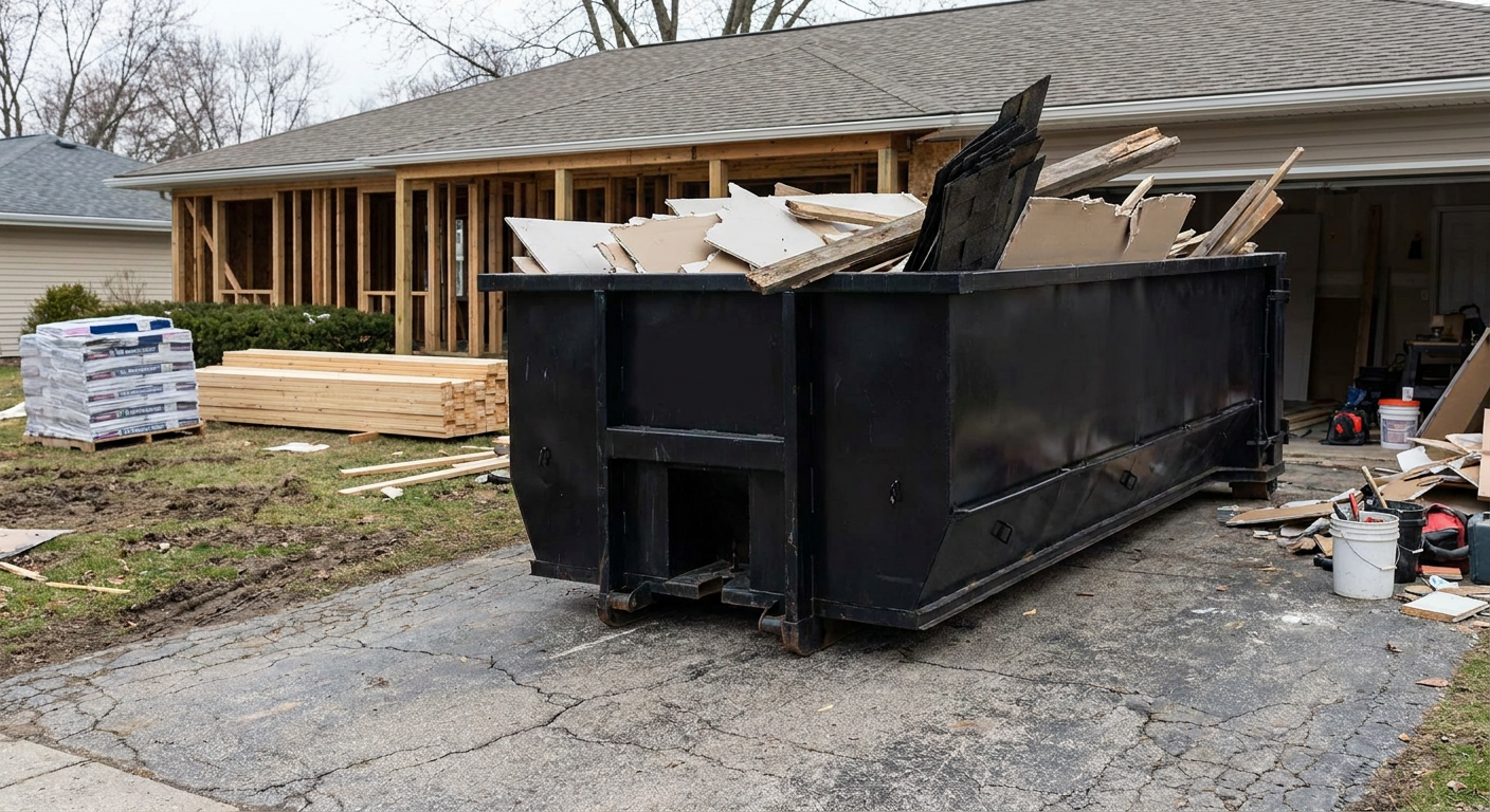 A matte-black 20-yard roll-off dumpster placed alongside a mid-renovation Grand Rapids home directly on the asphalt driveway, with framing materials and torn-off shingles staged neatly nearby.