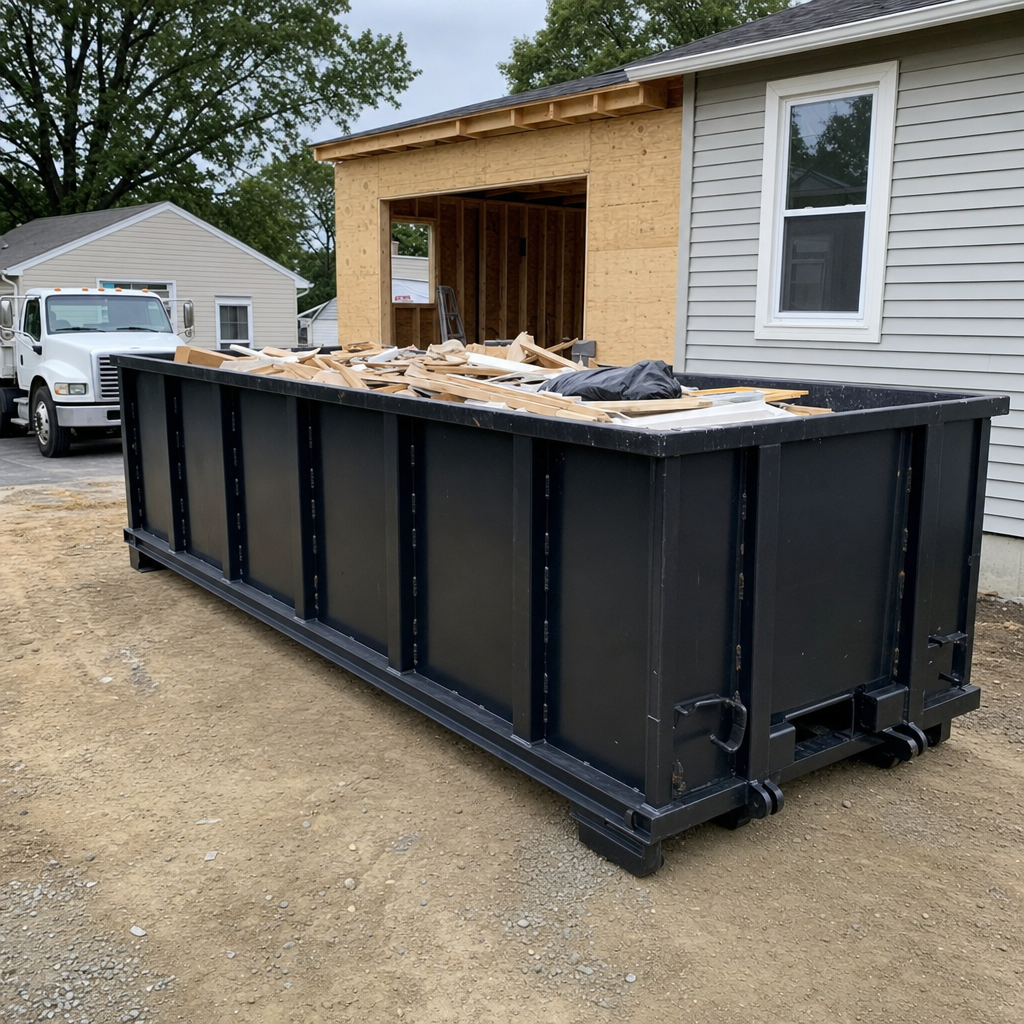 A matte-black 30-yard roll-off dumpster positioned at a Grand Rapids residential addition jobsite, with framing lumber and drywall scraps loaded through the open swinging rear doors.