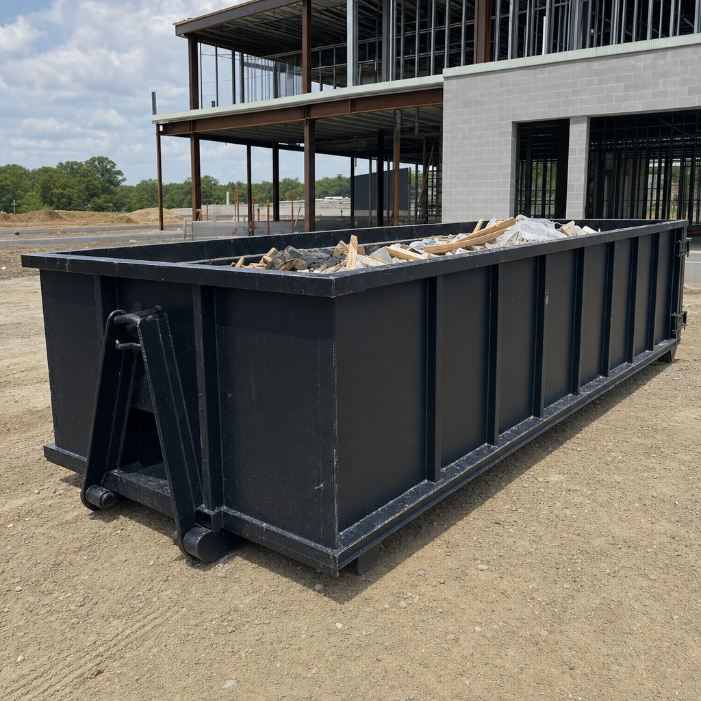 A matte-black 40-yard roll-off dumpster staged on a large Grand Rapids commercial construction lot, with a hooklift delivery truck parked alongside under bright midday sky.