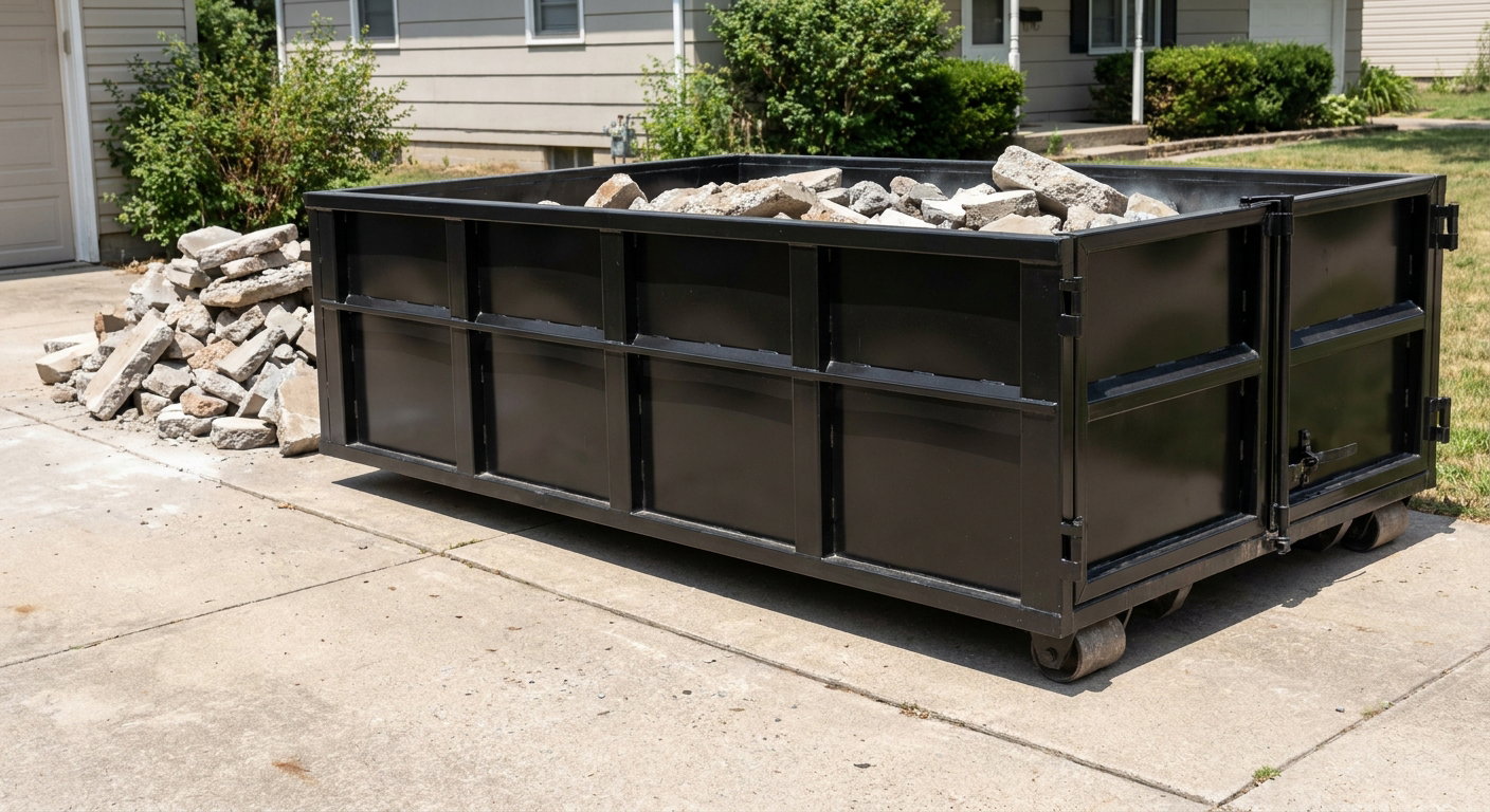 A matte-black low-side heavy-debris roll-off dumpster placed directly on a Grand Rapids concrete driveway, with broken concrete chunks neatly stacked beside it under clean daylight.
